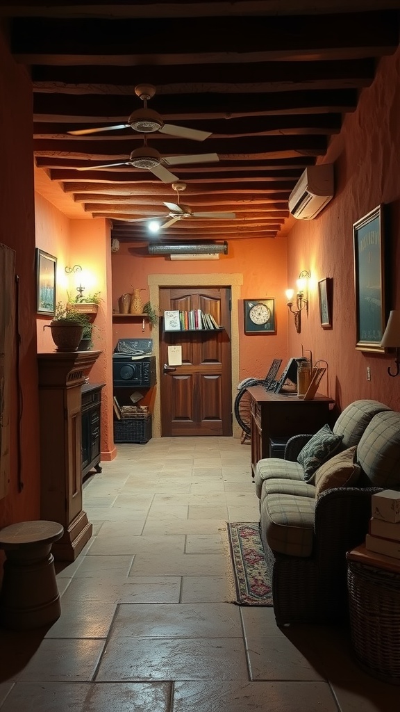 A cozy hallway painted in rich terracotta with wooden beams and soft lighting.