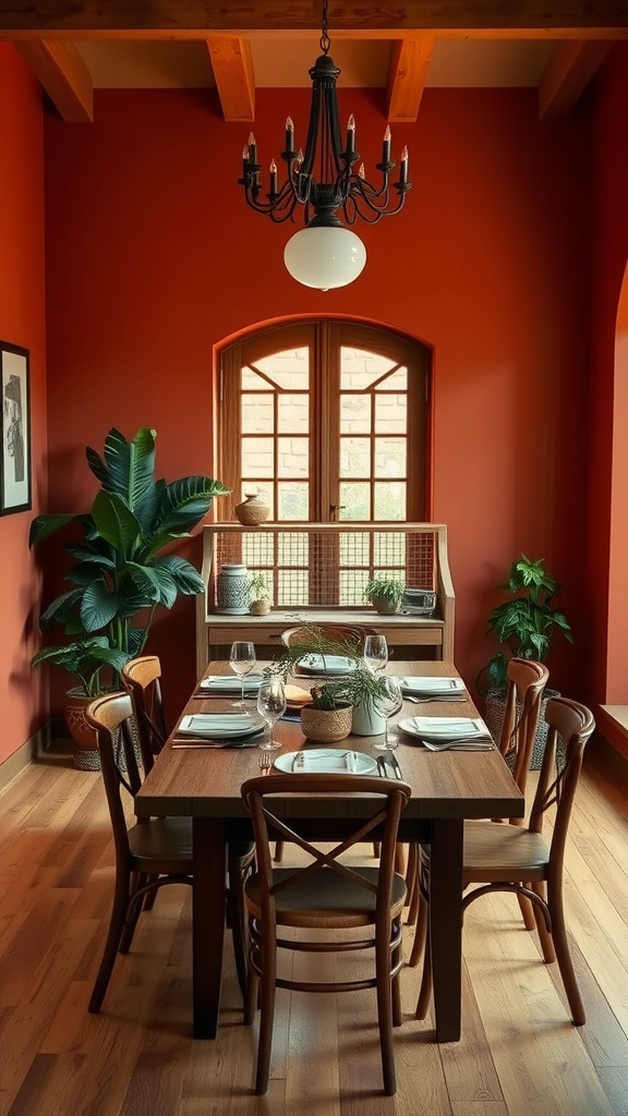 Dining area with terracotta walls, wooden table, and plants.