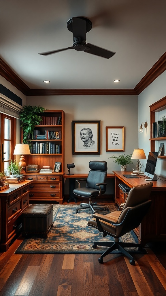 A warm and inviting home office featuring rich wood accents, a comfortable chair, and plants.