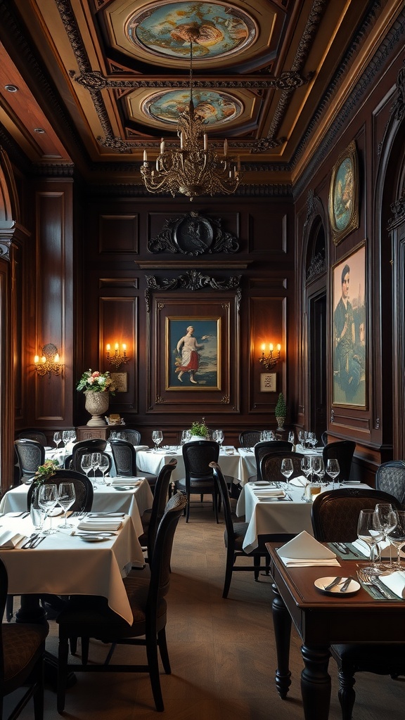 Luxurious Italian dining room featuring rich wooden furniture and elegant decor.