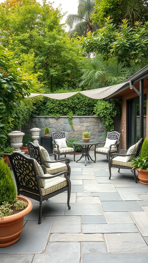 A cozy outdoor patio with River Stone flooring, surrounded by greenery and comfortable seating.