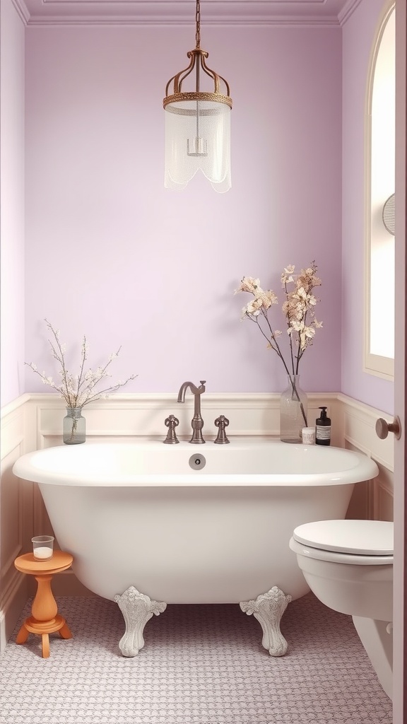 A romantic bathroom featuring lavender walls, a white vintage bathtub, and cream accents.