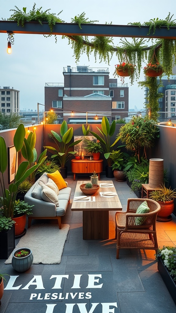 Cozy rooftop garden with seating and plants, perfect for relaxation.