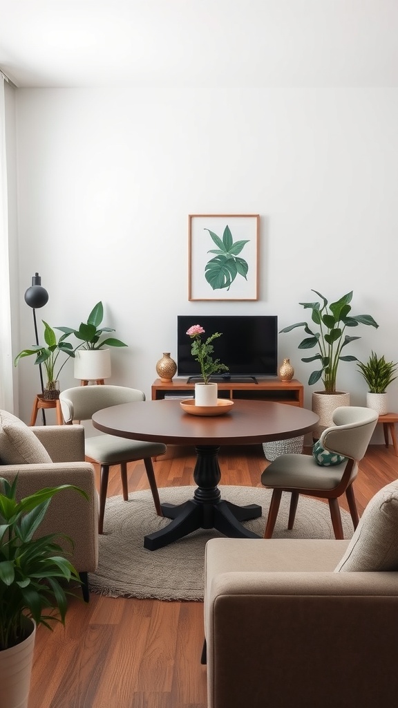 A cozy small living room featuring a round dining table surrounded by chairs, plants, and a television.