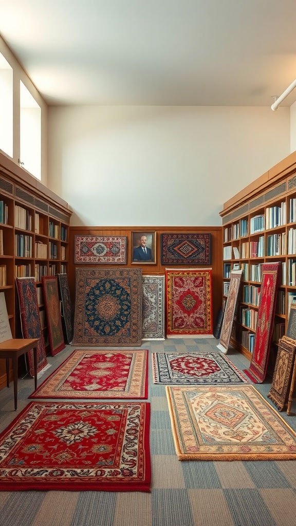 A cozy library with a collection of colorful rugs displayed on the floor and leaning against wooden shelves.