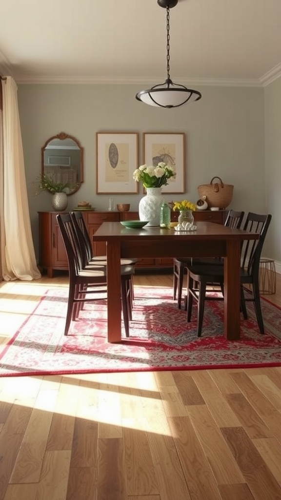 A cozy cottage core dining room with a patterned rug layered under a wooden dining table, surrounded by black chairs and soft lighting.