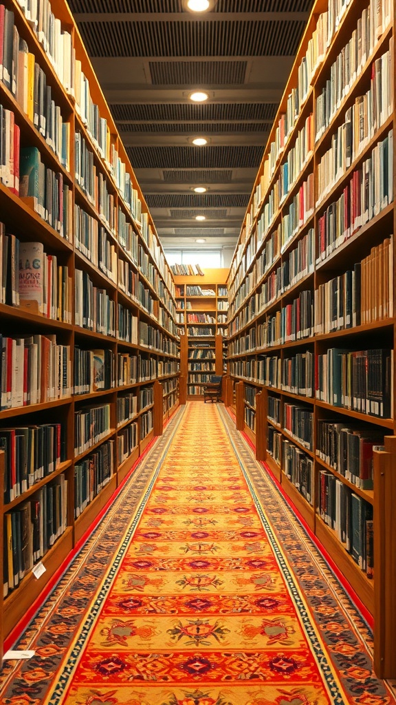 A library hallway with a colorful rug runner surrounded by bookshelves.