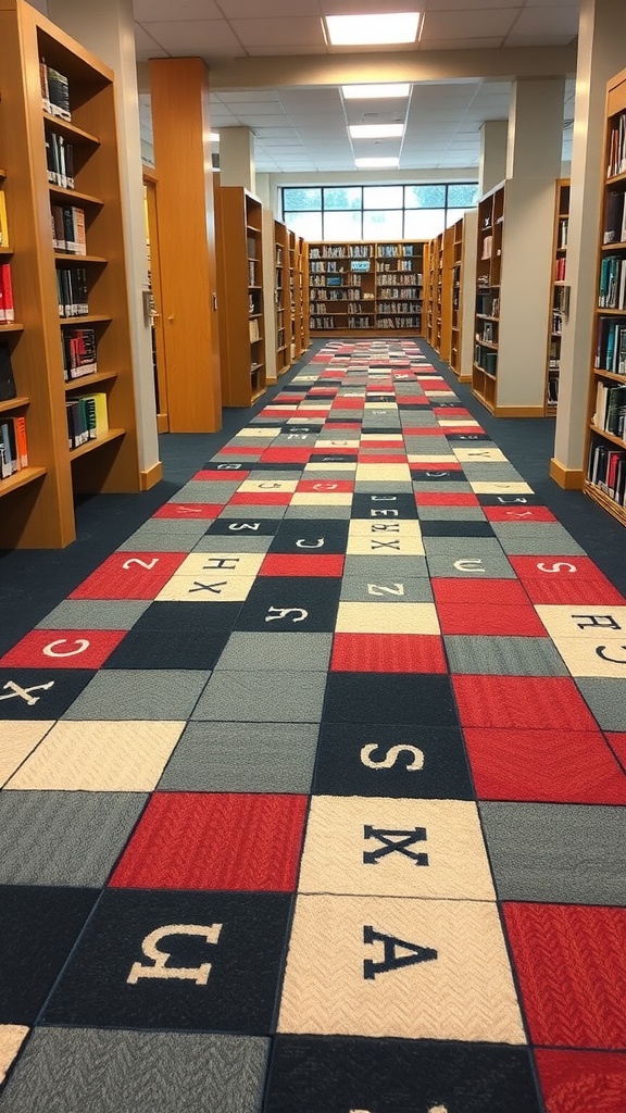 Colorful rug tiles in a library with letters and patterns