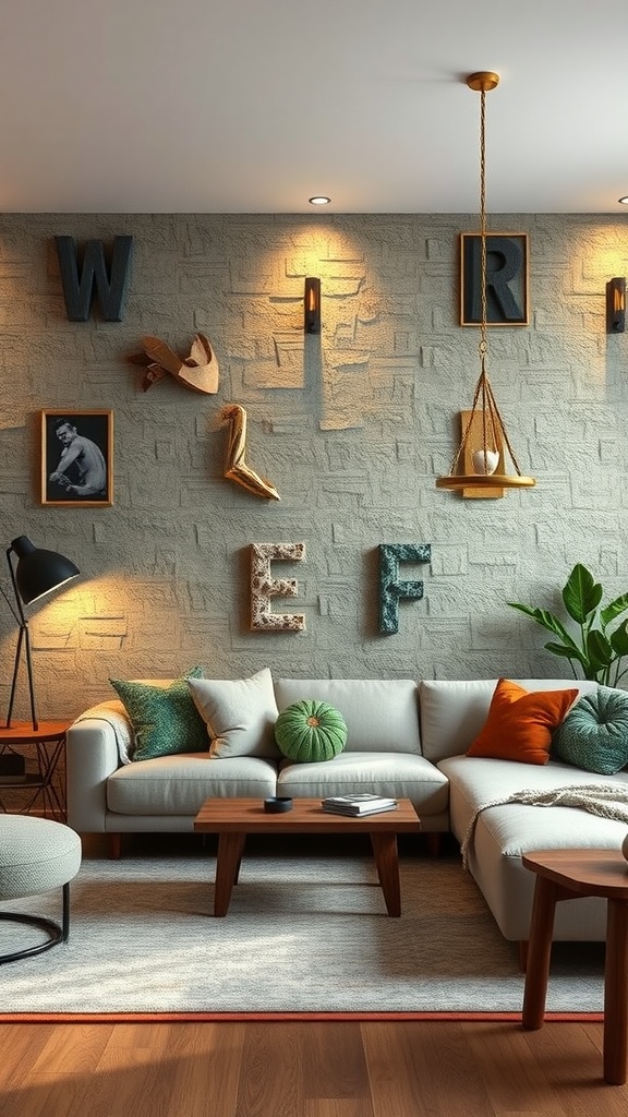 A cozy living room featuring a textured wall with lighting, stylish decor, and a comfortable sofa.