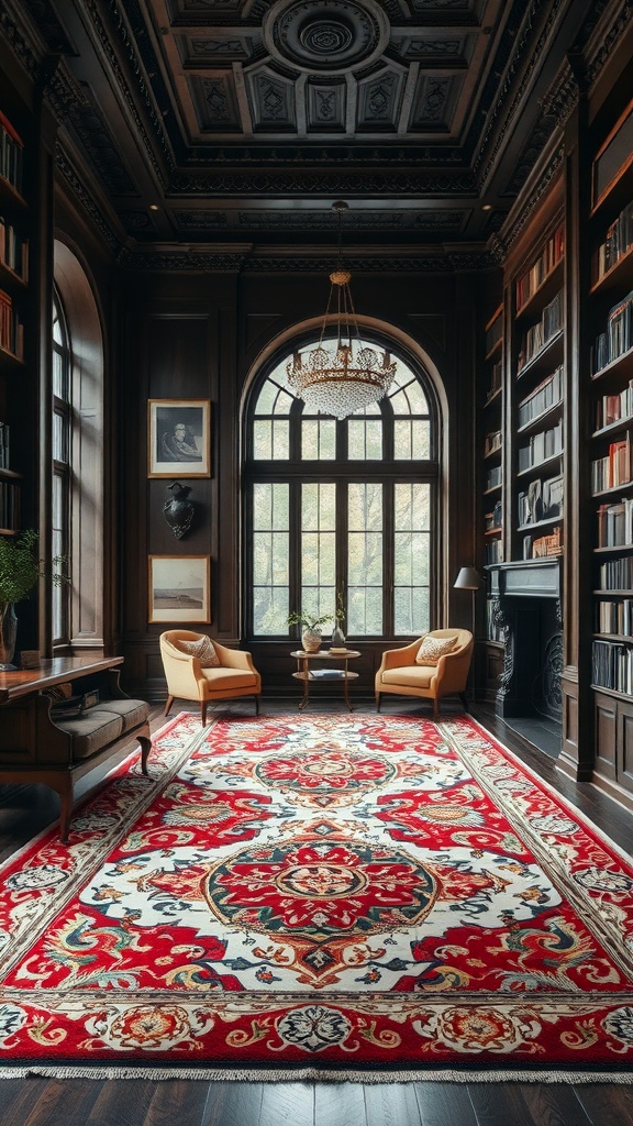 A luxurious library featuring a vibrant rug, dark wooden furniture, and large windows.