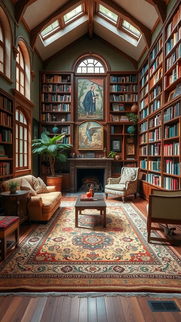 A cozy library with wooden bookshelves, a natural-colored rug, and a comfortable chair.