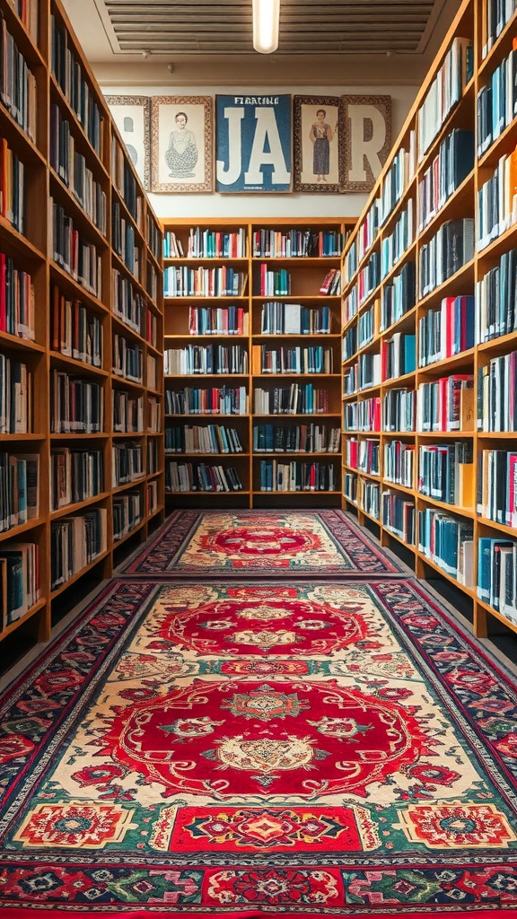 A library interior with wooden bookshelves filled with books and colorful rugs featuring cultural motifs.