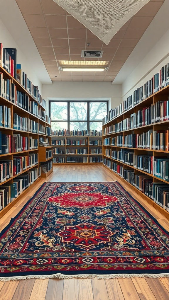 A beautifully patterned rug in a library with shelves of books on either side.