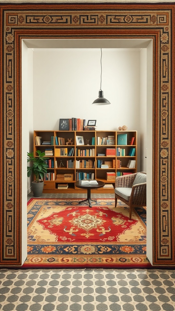 A cozy library corner with a geometric bordered rug, featuring a rich red and gold design, framed by an elegant border.