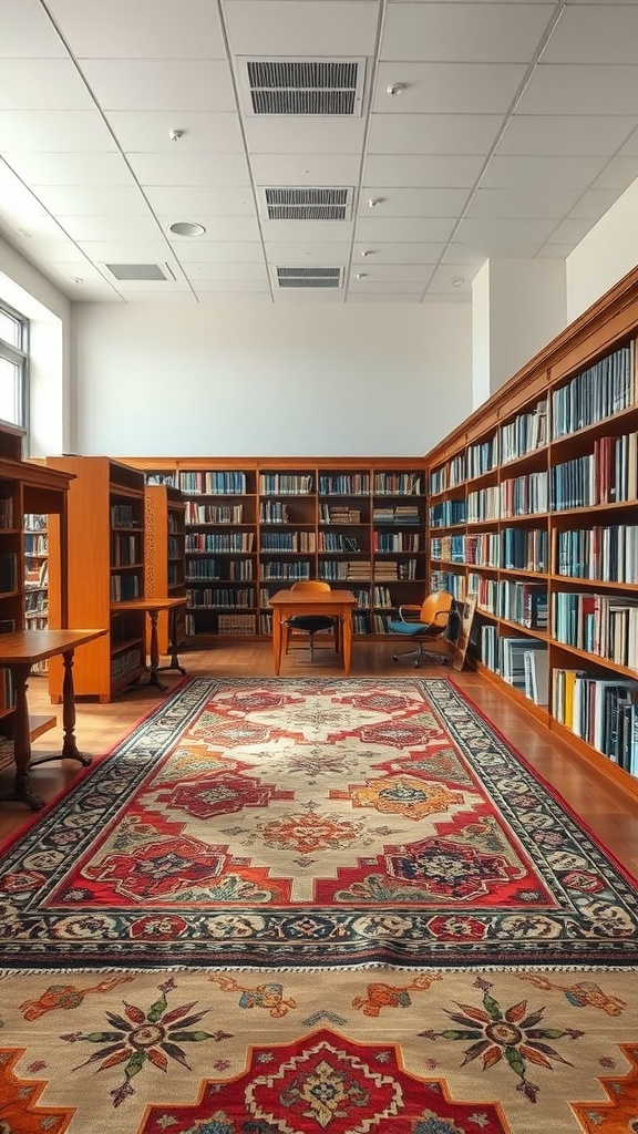 A library featuring bookshelves and a colorful historical patterned rug.