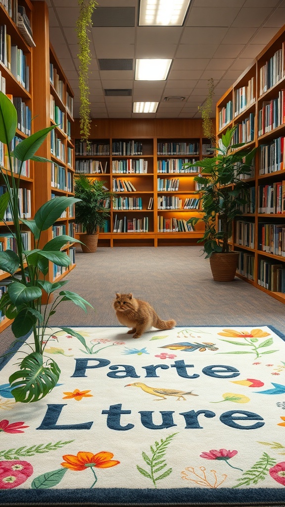 A library interior featuring a nature-inspired rug with the word 'Literature' and colorful floral designs, alongside bookshelves and plants.