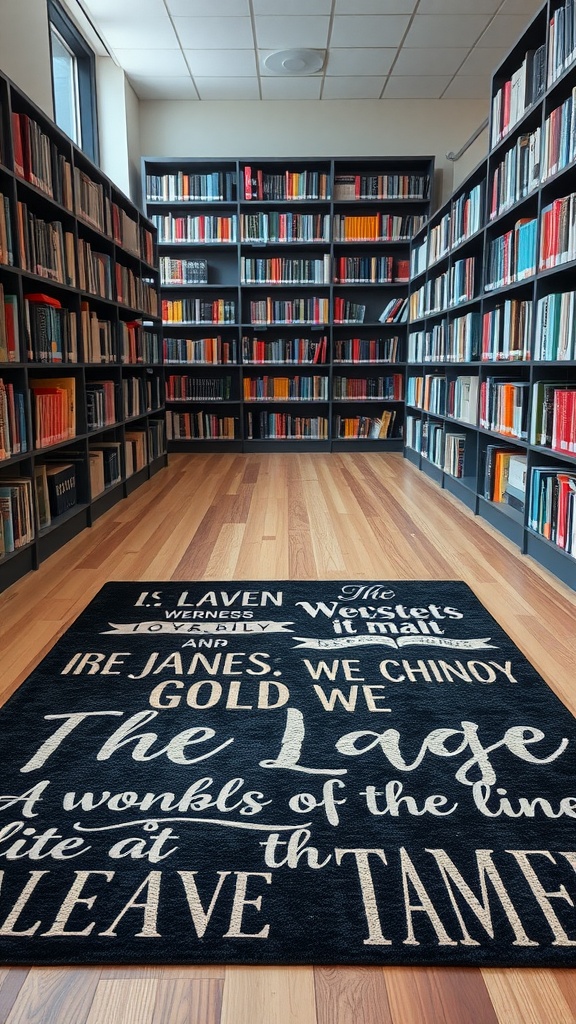 A black rug with text elements placed in a library, surrounded by bookshelves filled with books.