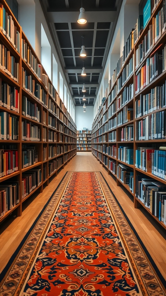 A library aisle with a colorful runner rug stretching down the center, surrounded by bookshelves.