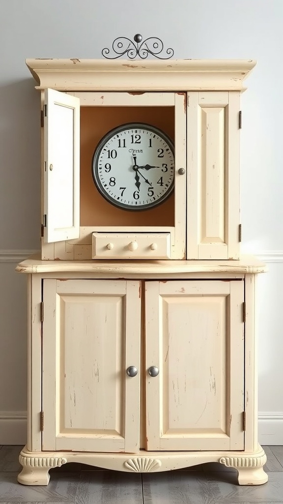 A vintage-style cabinet with a clock inside, showcasing a cream color and a charming design.