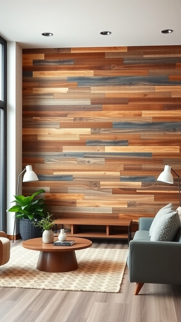 A rustic accent wall made of wooden planks in a living room, featuring a cozy couch and a round coffee table.