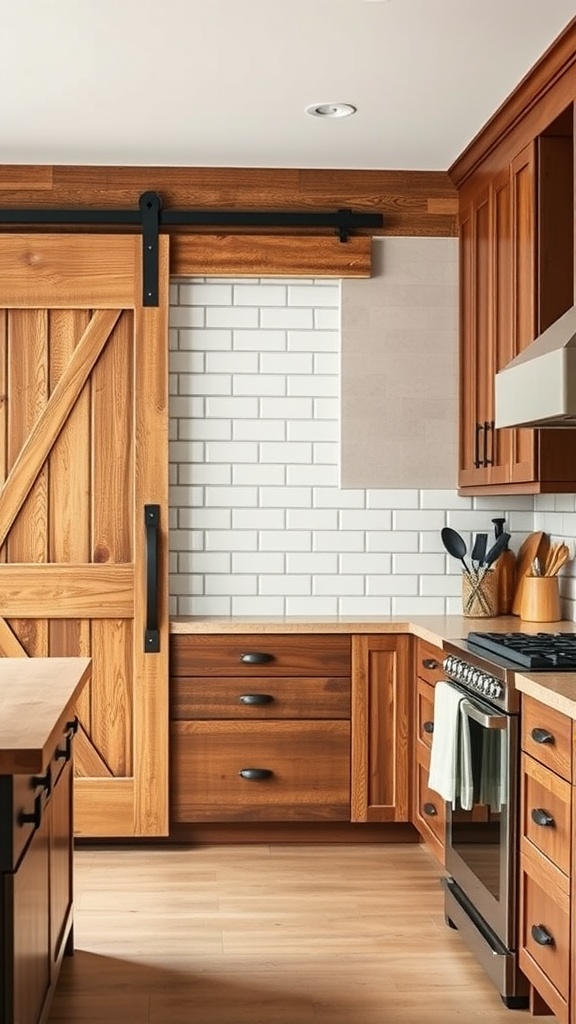 A rustic kitchen featuring a sliding barn door cabinet with wooden finishes and modern appliances.