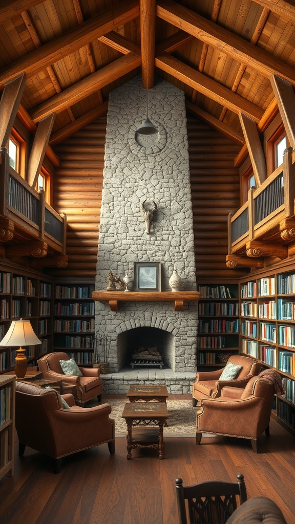 A rustic cabin library featuring log walls, a stone fireplace, and cozy seating.