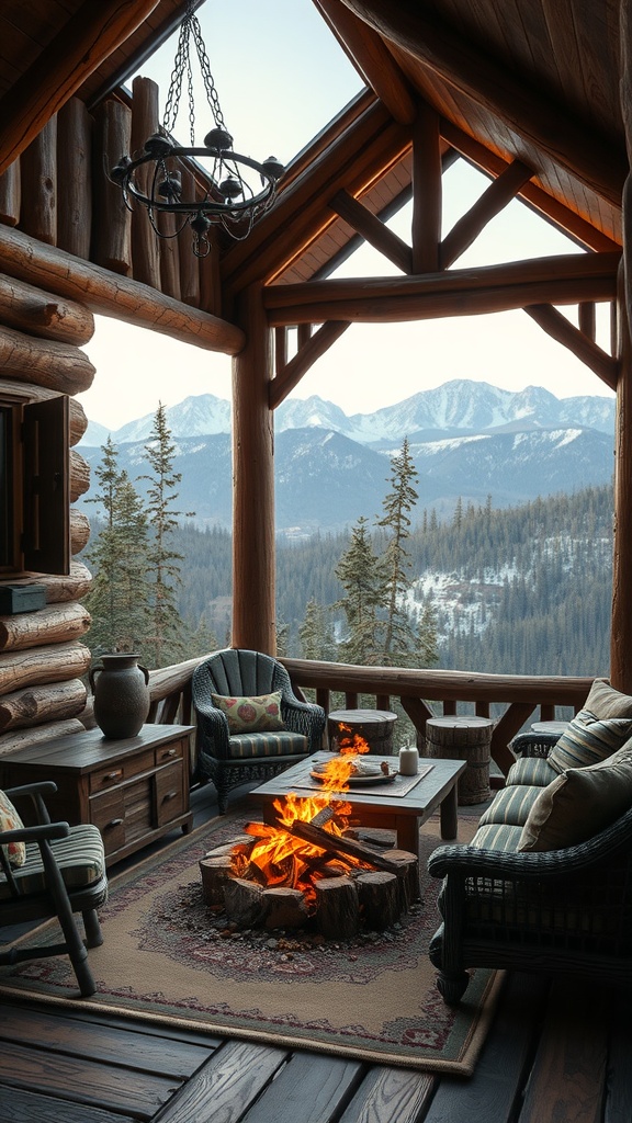 A cozy reading nook in a rustic cabin featuring log furniture, a fireplace, and mountain views.