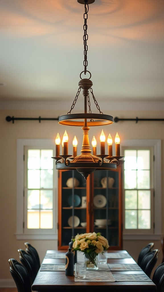 A rustic chandelier hanging over a dining table with flowers and tableware.