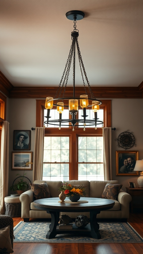 A rustic chandelier in a cozy living room with large windows, wooden accents, and a round coffee table with flowers.