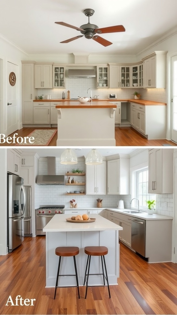 Before and after kitchen remodel showing rustic to modern transformation.