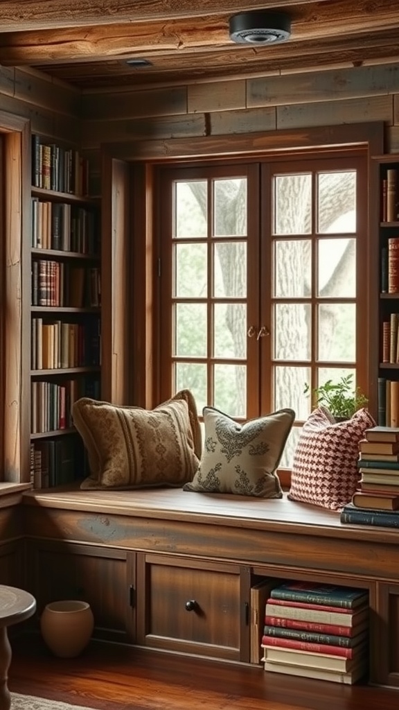 A cozy library with reclaimed wood, featuring a window seat with pillows and surrounded by bookshelves.