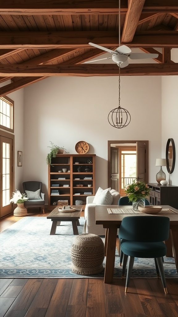 A cozy living room-dining room combo featuring wooden beams, comfortable furniture, and rustic decor.