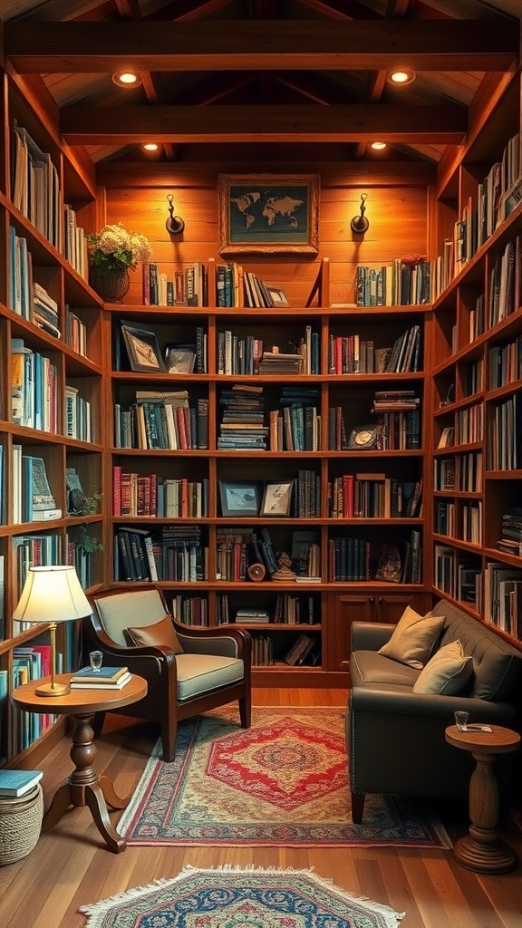 A cozy home library with wooden shelves filled with books, featuring a plush couch and armchair.