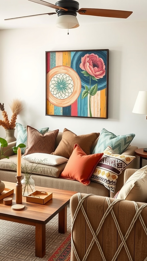 A rustic living room with colorful pillows on a sofa, a vibrant floral painting on the wall, and a wooden coffee table.