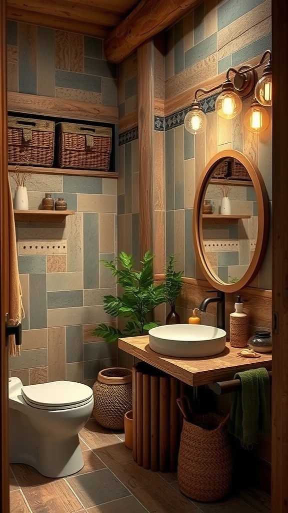 A rustic bathroom featuring earthy tones, wooden accents, and plants, creating a cozy atmosphere.