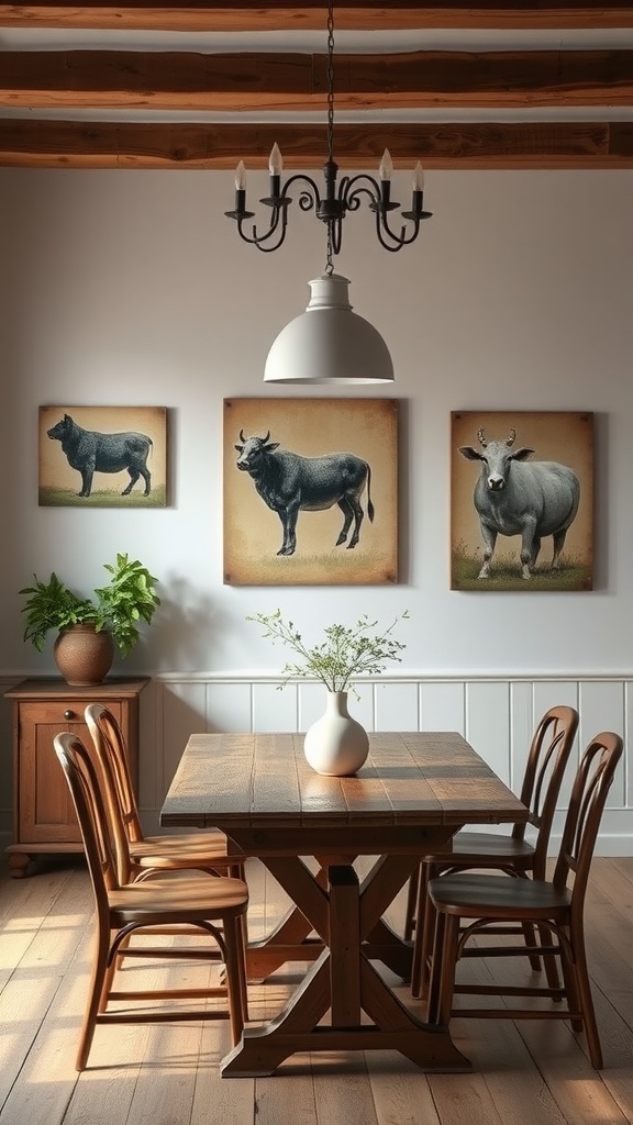 A cozy dining room featuring rustic farm animal prints on the walls, a wooden dining table, and potted plants.