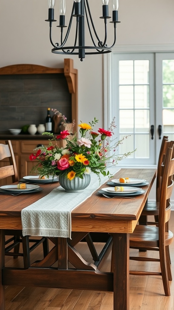 A rustic farmhouse dining table with a colorful floral centerpiece, plates, and a chandelier.