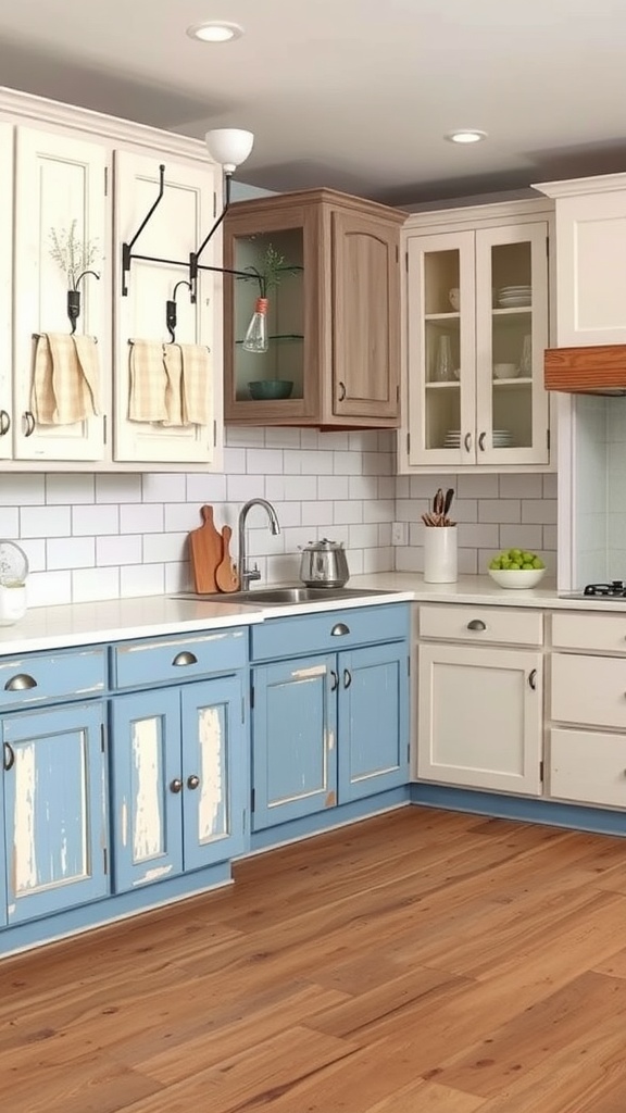 A rustic kitchen with blue and cream two-toned cabinets, wooden floors, and a warm inviting atmosphere.