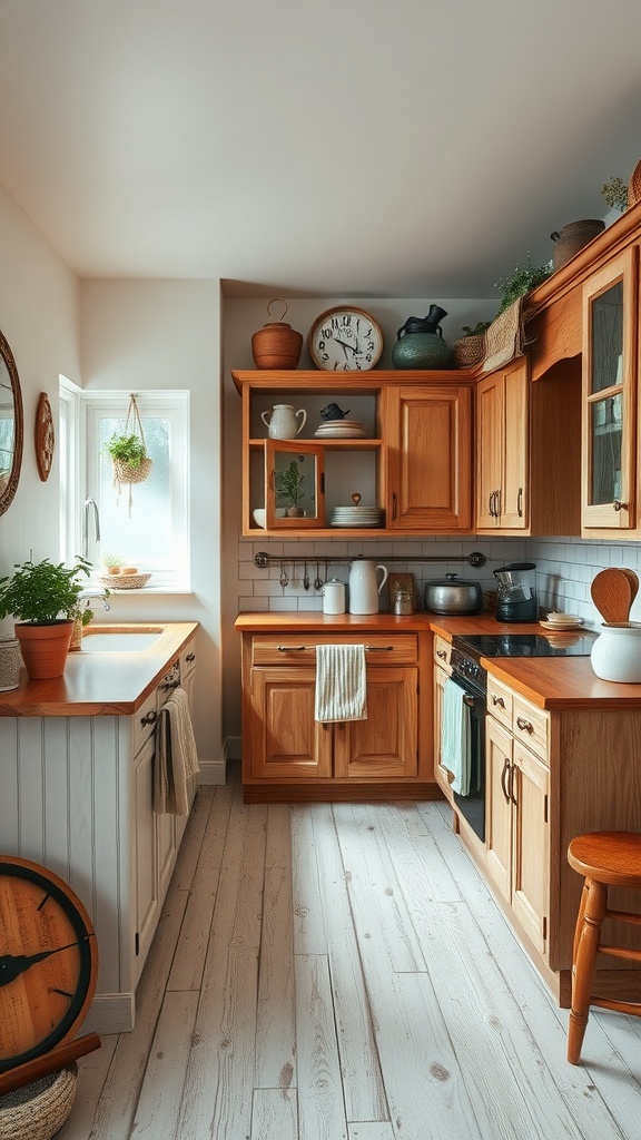 A cozy kitchen featuring rustic farmhouse cabinets made of natural wood, complemented by light decor and potted plants.