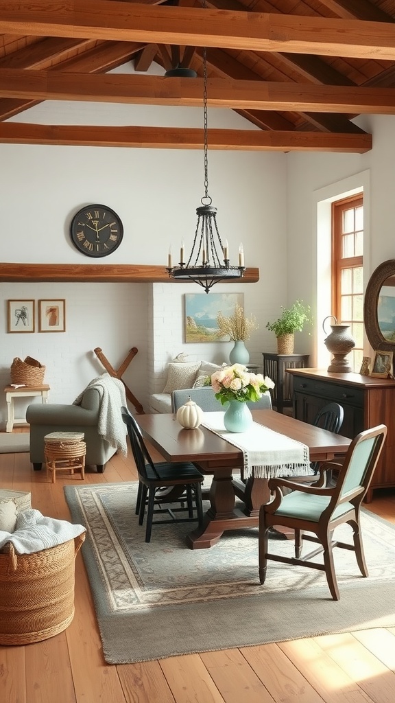 Cozy living room dining room combo with rustic farmhouse decor, featuring wooden beams, a chandelier, and a dining table.