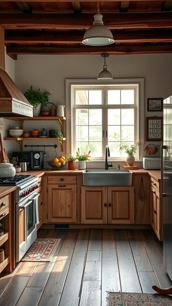 A rustic farmhouse kitchen featuring wooden cabinets, open shelving, and a large sink.