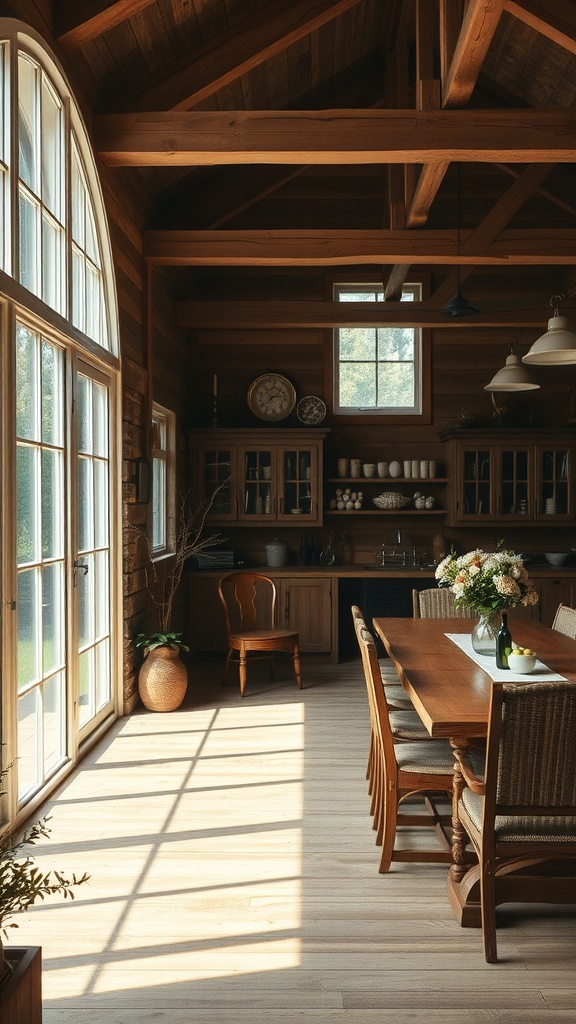 A rustic dining room with wooden beams, a long table, and large windows letting in natural light.