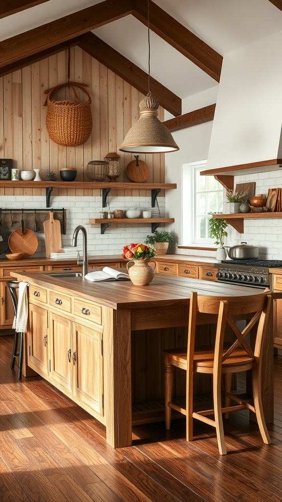 A rustic farmhouse kitchen island made of wood with seating, surrounded by shelves and decor.