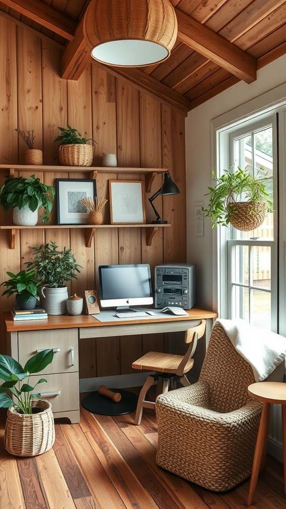 A rustic farmhouse home office with wooden walls, a desk with a computer, plants, and a cozy chair.