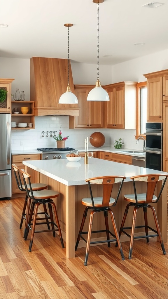 Rustic farmhouse kitchen with a peninsula and bar stools