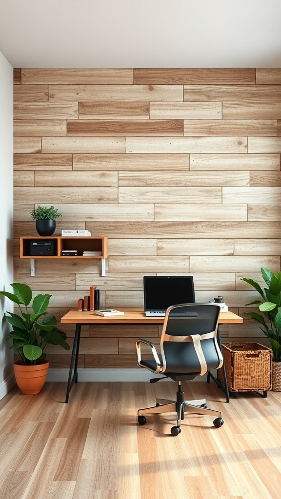 A rustic farmhouse style office with a wooden accent wall, desk, and plants