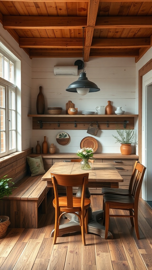 A rustic farmhouse kitchen nook with wooden accents, a cozy seating area, and decorative plants.