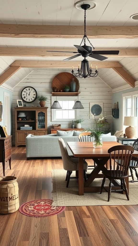 A cozy rustic farmhouse living room-dining room combo featuring wooden beams, a gray sofa, a wooden dining table with black chairs, and natural decor.