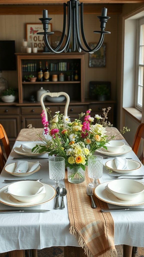 A rustic farmhouse dining table set with a floral centerpiece, elegant dishes, and a warm atmosphere.