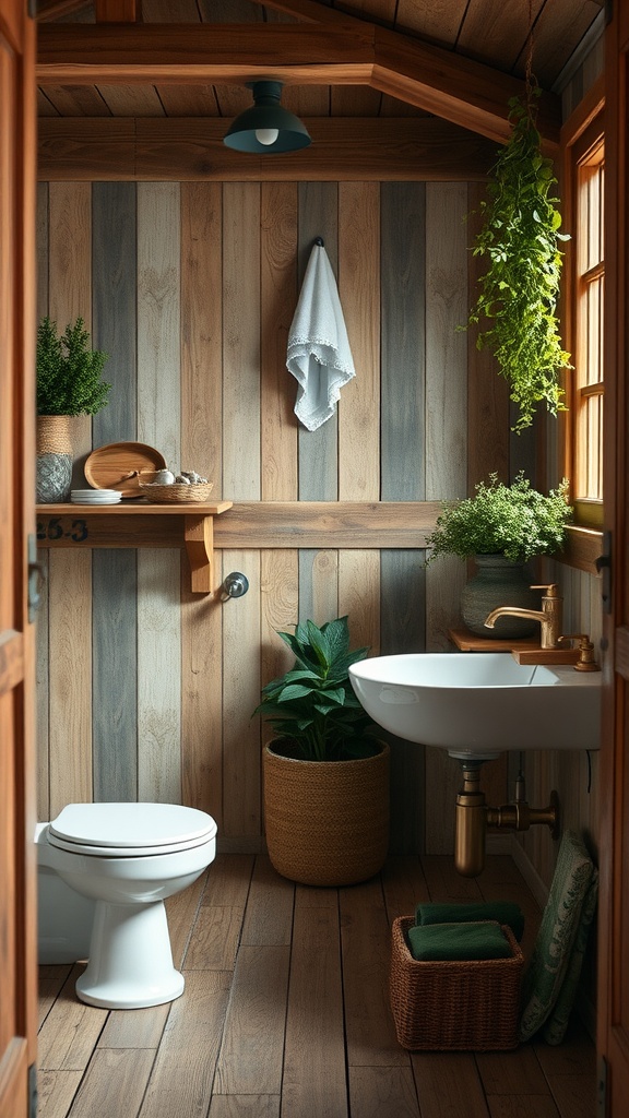 A rustic farmhouse bathroom featuring reclaimed wood walls, a white sink, and greenery.